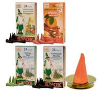Knox Lot de 4 cônes d'encens traditionnels (parfum de sapin, myrrhe d'encens, parfum de Noël et pomme cuite) avec bougeoir, cônes d'encens traditionnels, fabriqués en Allemagne