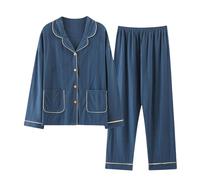 KNQSTYJV Pyjama Femme Cardigan Décontracté Coton De L'automne Et d'hiver pour Femmes, Revers, Pantalon À Manches Longues, Ensemble De Costumes pour Femmes-bleu-9816-2xl (70-80kg)