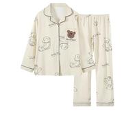 KNQSTYJV Pyjama Femme Pyjamas Femmes Printemps Automne Coton Coton Pantalon À Manches Longues Mignons Cardigan À La Maison Costume-Ours Brun De Poche-m
