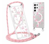 Knrlqim Magnétique Coque pour Samsung Galaxy S25 Ultra avec Cordon, Compatible avec MagSafe, Aesthetic Noeud Papillon Silicone Transparent Bumper Protection Housse avec Réglable Collier Laniere Case