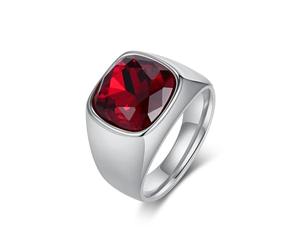 KnSam Bague Acier Inoxydable Argenté Large 14MM, Bague Chevalière Homme Carrée Incrustée de Strass Rouge Fantaisie Taille 60