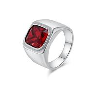 KnSam Bague Acier Inoxydable Argenté Large 16MM, Bague Chevalière Homme Carrée Incrustée de Pierre Rouge Fantaisie Taille 57