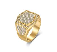 KnSam Bague Acier Inoxydable Homme Plaqué Or Large 19MM, Bague Chevalière Hexagone Pavée de Zirconium Fantaisie Taille 57