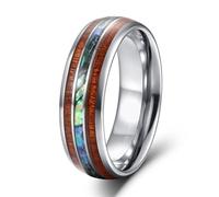 KnSam Bague Acier Tungstène Argenté 8MM Taille 58, Anneau Homme Incrusté de Coquille d'Ormeau Grain de Bois Fantaisie