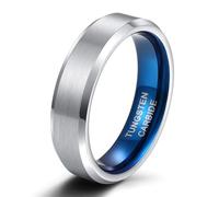 KnSam Bague Acier Tungstène Bleu Brossée 6MM Taille 69, Bague Homme Bicolore Biseautée