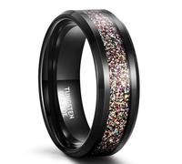 KnSam Bague Acier Tungstène Noir Homme Cannelure 8MM Taille 60, Anneau Incrusté de Gravier Sable Multicolore Fantaisie