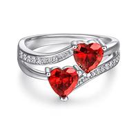 KnSam Bague Double Cœurs Rouge Zircone 925 Argent Mariage Femme Taille 52