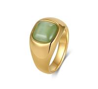 KnSam Bague Femme Acier Inoxydable Plaqué Or Large 12MM, Bague Chevalière Ornée de Pierre Œil de Chat Verte Polie Fantaisie Taille 55