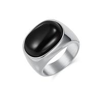 KnSam Bague Homme Acier Inoxydable Argenté Large 15MM, Bague Chevalière Ovale Incrustée de Pierre Noire Fantaisie Taille 60