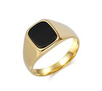 KnSam Bague Homme Acier Inoxydable Plaqué Or Large 12MM, Bague Chevalière Carrée Incrustée de Pierre Noire Taille 70