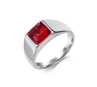 KnSam Bague Homme Argenté Acier Inoxydable 10MM, Bague Chevalière Carrée Incrustée de Strass Rouge Fantaisie Taille 65
