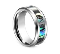 KnSam Bague Homme Incrustée de Coquille d'Ormeau Multicolore 8MM, Bague Tungstène Argenté Taille 62, Cadeau Personnalisable Noël Anniversaire