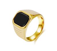 KnSam Bague Homme Plaqué Or Acier Inoxydable Large 16MM, Bague Chevalière Carrée Rayée Incrustée de Pierre Noire Fantaisie Taille 70