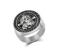 KnSam Bague Large Médaillon Acier Inoxydable Homme Argenté 23MM, Bague Croix Jésus Vintage Taille 62