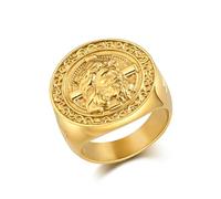 KnSam Bague Large Médaillon Acier Inoxydable Homme Plaqué Or 23MM, Bague Croix Jésus Vintage Taille 65