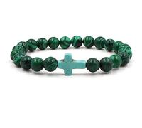 KnSam Bracelet Perles Pierre Malachite Bleu, Croix, 19cmx8mm