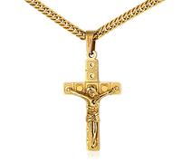 KnSam Collier Homme Croix Jésus Plaqué Or, Pendentif Crucifix en Acier Inoxydable, avec Chaîne Gourmette Doré Fantaisie 3mm x 60cm