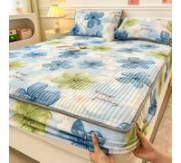 KnSam Drap Housse et 1 Taie d'oreiller - 90x200cm - Bleu Vert - Parure de Lit Velours Imprimé Fleurs, Drap Housse Hiver Matelassé Chaud Doux Confortable, Style 2