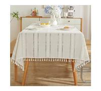 KnSam Nappe Carrée, 60x60CM, Broderie Rayure à Franges Beige Blanc, Polyester, Nappe Anti-Taches