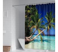 KnSam Rideau de Douche, Vert Bleu, Polyester, 90x180CM, Motif Palmier et Mer, Rideau Salle de Bain Imperméable avec Anneaux