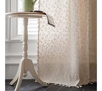 KnSam Rideaux Beige avec Oeillets, Rideau Imprimé Marguerite avec Pompons, 2 Panneaux, 300 x 200cm, Coton Lin (1 Panneau: 150 x 200cm)