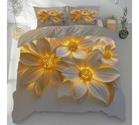 Kntnshac Fleurs Lotus Duvet Cover with Zip 240 x 220 cm Lampe Motif Floral Reversible Microfibre Housse de Couette, Jaune Blanc 1 Bedding Set + 2 Pillowcase 65 x 65 cm