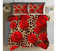 Kntnshac Motif Léopard Guépard Housse de Couette 140x200, Roses Romantiques Parure de Lit 1 Personnes Fermeture Éclair, Housse de Couette Réversible avec 2 Taies d'oreiller 65x65 cm