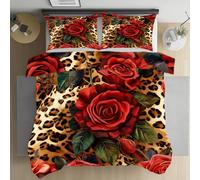 Kntnshac Motif Léopard Guépard Parure de Lit 200x220 Adulte, Roses Romantiques Housse de Couette Microfibre, Housse de Couette Fermeture Éclair, 2 Taies d'oreiller 65x65 cm
