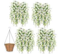 Knubbuf 2/4/6/8Pcs Artificial Hanging Flowers, 76cm UV Resistant Hanging Artificial Morning Glory Vine, Fake Trailing Plants Outdoor with Baskets for Wedding Garden Yard Home Decor (White, 8Pcs)
