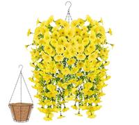 Knubbuf 2Pcs Artificial Hanging Flowers, 76cm UV Resistant Hanging Artificial Morning Glory Vine, Fake Trailing Plants Outdoor with Baskets for Wedding Garden Yard Home Decor (Yellow)