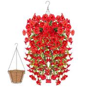 Knubbuf 2Pcs Artificial Hanging Flowers, 76cm UV Resistant Hanging Artificial Morning Glory Vine, Fake Trailing Plants Outdoor with Baskets for Wedding Garden Yard Home Decor (Red)