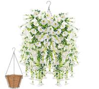 Knubbuf 2Pcs Artificial Hanging Flowers, 76cm UV Resistant Hanging Artificial Morning Glory Vine, Fake Trailing Plants Outdoor with Baskets for Wedding Garden Yard Home Decor (White)
