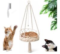 Knubbuf Boho Macrame Cat Hammock with Plush Cushion, Handwoven Cotton Rope Hanging Cat Bed for Indoor Cats, Space-Saving Wall Mounted Cat Swing Bed with Tassel Home Decor (B)
