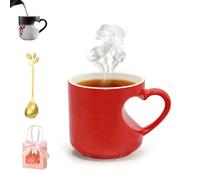 Knubbuf Heart-Shaped Color Changing Ceramic Mug, Red Heart Mug Patterned Heat Sensitive Color Changing, Heart-Shaped Handle Ceramic Coffee Mug, for Valentine’s, Anniversaries & Birthdays (Red)