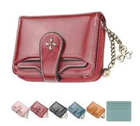 Knubbuf Mini Leather Cash Wallets with Zipper, Slim Zippered Wallet, PU Leather Stain-Resistantand Weather-Resistant, Small Wallet for Women Zip Bifold Vintage Wallets Goth Purse (Burgundy)