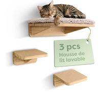 Knupis Étagère Murale Chat avec Lit & 2X Escaliers - Bois de Pin Massif FSC®, Couchage Mural Solide Jusqu’à 30 kg - pour Jeu & Confort - Beige