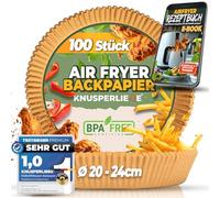 KNUSPERLIEBE® Lot de 100 feuilles de papier sulfurisé pour friteuse à air chaud XXL 20-24 cm 5-8 l Résistant à l'huile Anti-adhésif Jetable et non blanchi Convient à un usage alimentaire, sans BPA