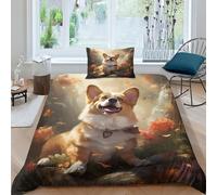KOABERUVN 3D, Imprimé Le Chien Corgi Parure De Lit Microfibre Super Douce Et Respirante Housse De Couette 3 Pièces avec Taies d'oreiller Single（135x200cm）