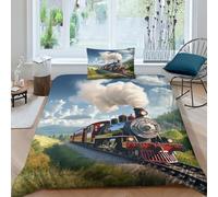 KOABERUVN 3D, Imprimé Train à Vapeur Ensemble De Literie avec Microfibre Super Douce Et Respirante Set De Housse De Couette 3 Pièces avec Taies d'oreiller Single（135x200cm）