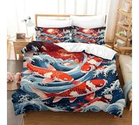 KOABERUVN Imprimé 3D La Carpe Koi Parure De Lit Microfibre Super Douce Et Respirante Housse De Couette 3 Pièces avec Taies d'oreiller Single（140x200cm）