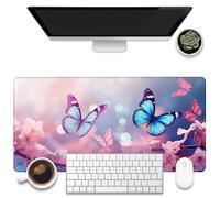 KOAIWPAE Sous-main de bureau, grand tapis de souris de jeu avec base antidérapante et bords cousus Motif papillon bleu volant et branches de cerisier roses 80 x 40 cm