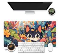 KOAIWPAE Sous-main de bureau, motif chat noir parmi fleurs, grand tapis de souris de jeu, 80 x 40 cm, grand tapis de souris pour clavier d'ordinateur avec base antidérapante et bords cousus