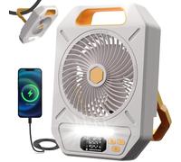 Koala Global Ventilateur de camping portable USB 13000mAh, 4 vitesses, minuterie, autonomie 17-82h, lampe LED, crochet métallique - Tente, Voyage, Maison, Urgence