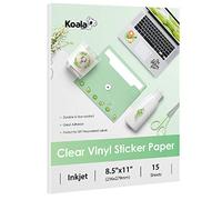 Koala Lot de 15 feuilles de papier autocollant transparent à 95 % en vinyle pour imprimante à jet d'encre - Imperméable et imprimable - 21,6 x 27,9 cm - Transparent brillant - Facile à utiliser pour