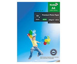 KOALA Papier photo Satiné A4, 250g/m², 50 feuilles avec couche de résine avancée satinée de qualité supérieure pour imprimante à jet d'encre Canon Hp Epson