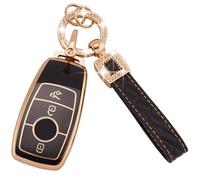 Koaudb Coque de clé de voiture 3 boutons en TPU avec lanière porte-clés en cuir pour Mercedes Benz A B C E G S SL CLS Classe SLC CLA GLB GLC GLE GLS AMG Coque de clé intelligente Noir Or (BP-Bz-3L)