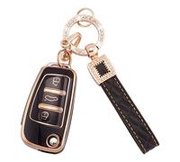 Koaudb Coque de clé de Voiture pour Audi A1 A3 A4 A6 A8 Quattro Q3 Q7 S3 S6 RS3 RS6 R8 TT TTS 3 Boutons Flip Key Case Coque Souple en TPU avec lanière Porte-clés en Cuir Noir Or (BP-Ad-3)