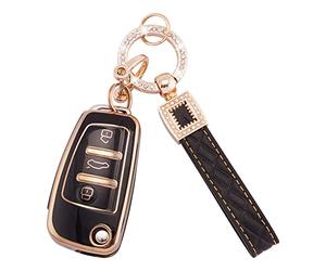 Koaudb Coque de clé de voiture pour Audi A1 A3 A4 A6 A8 Quattro Q3 Q7 S3 S6 RS3 RS6 R8 TT TTS 3 boutons Flip Key Case Coque souple en TPU avec lanière porte-clés en cuir Noir Or (BP-Ad-3)