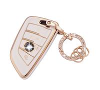 Koaudb Coque de clé de Voiture pour BMW Soft TPU Full Protection Smart Key Case Shell Blanc avec Porte-clés Fit pour BMW X1 X2 X3 X5 X6 2 5 6 7 Series 3 4 Buttons Smart Key Fob Case (R-BM-4D-W)