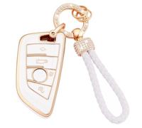 Koaudb Coque de clé de voiture pour BMW Soft TPU Full Protection Smart Key Case Shell White avec porte-clés Lanyard Fit for BMW X1 X2 X3 X5 X6 2 5 6 7 Series 3 4 Buttons Smart Key Fob Case(BM-4D)